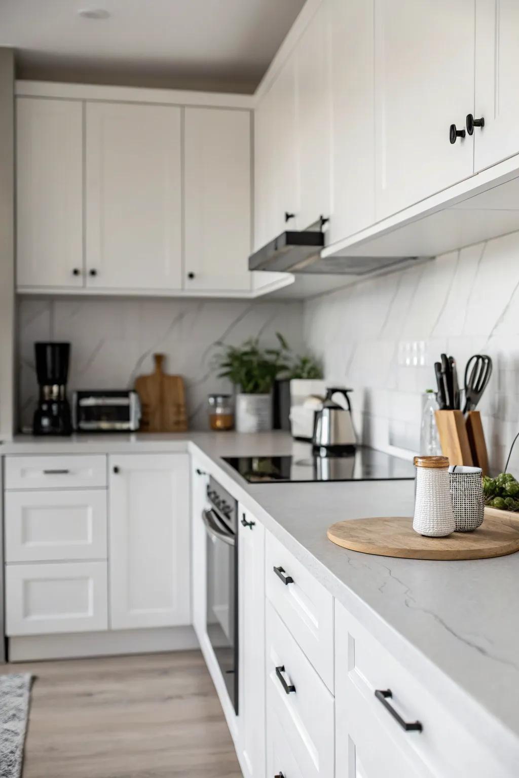 Monotone synthetics provide a streamlined and modern kitchen aesthetic.