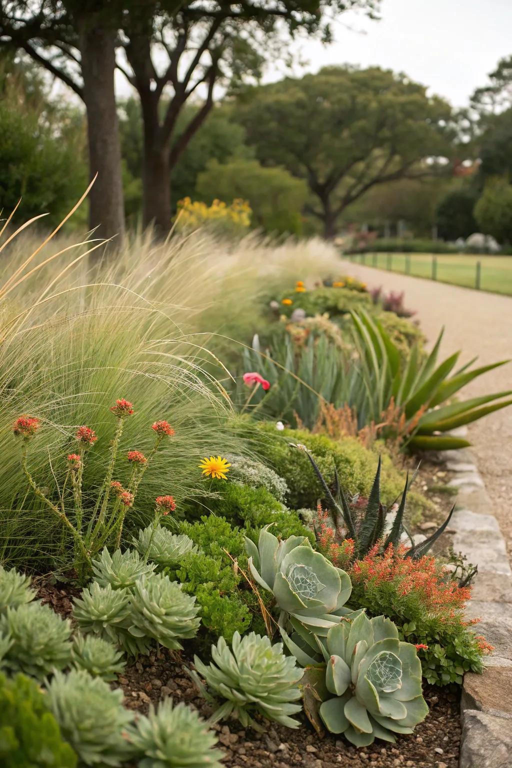 A garden bed showcasing an eclectic mix of succulents, grasses, and flowers.