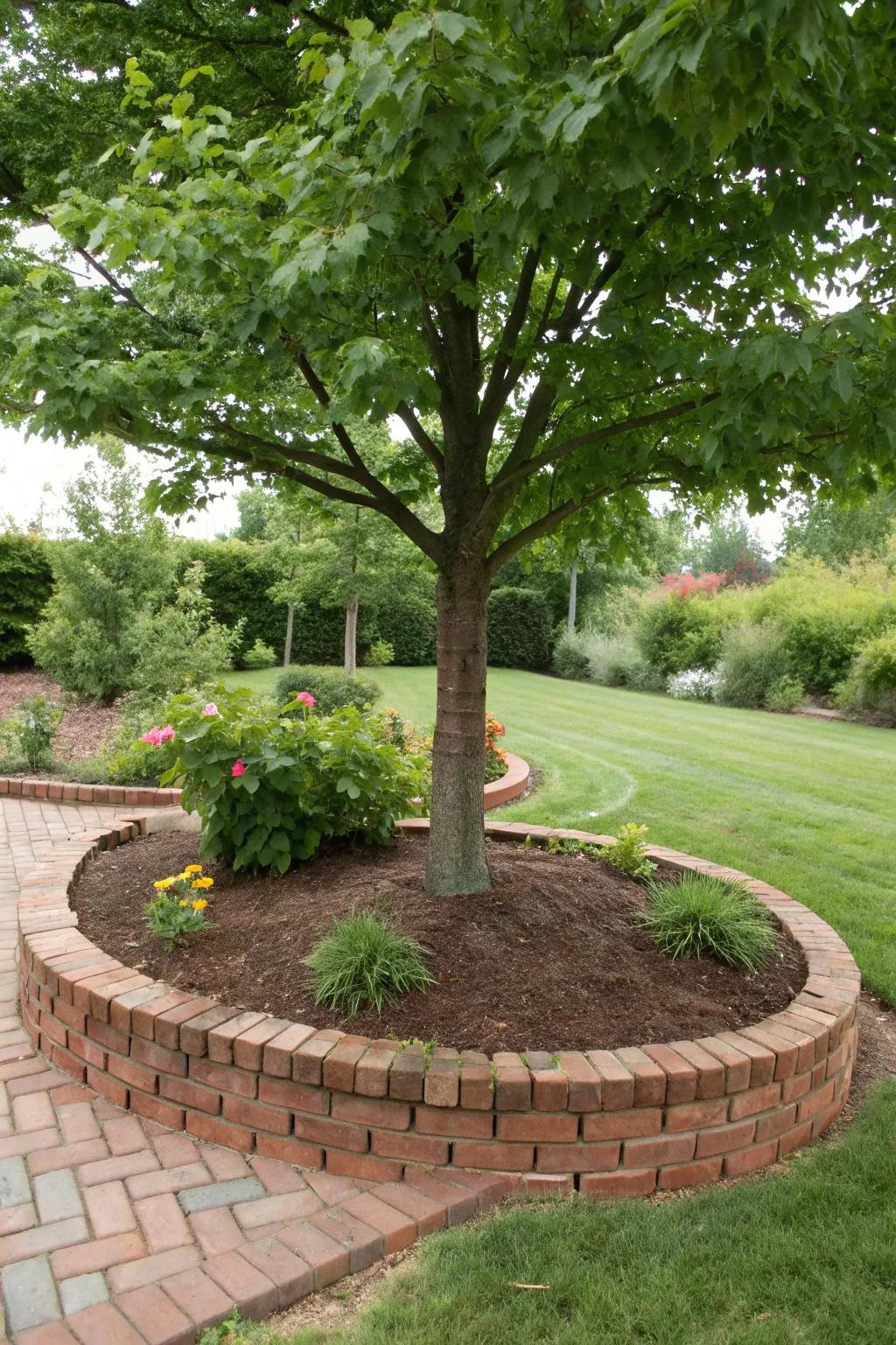 A tree with crisp brick edging, delivering a polished and protected appearance.