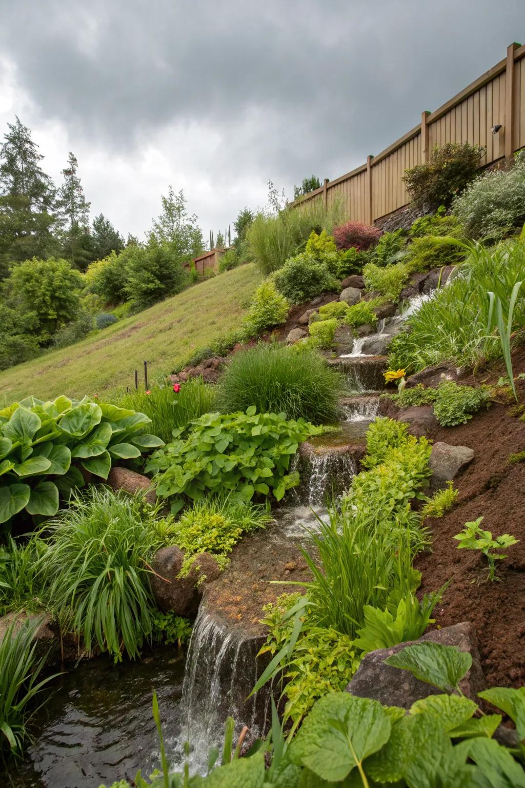 Rain gardens oversee water and append lavish splendor to slopes.