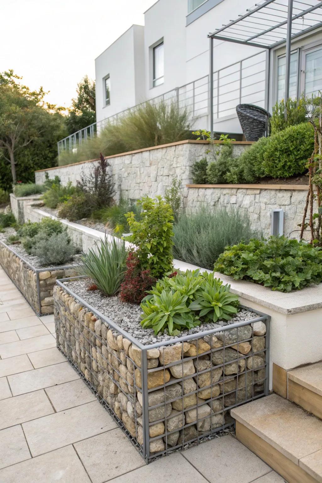 Gabion raised beds mix modern looks with good water drainage.