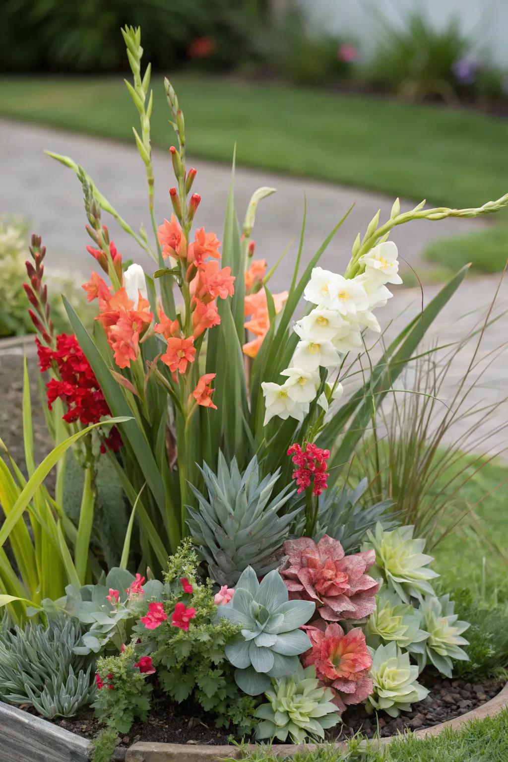 Sword lilies paired with unexpected elements like grasses and cacti.