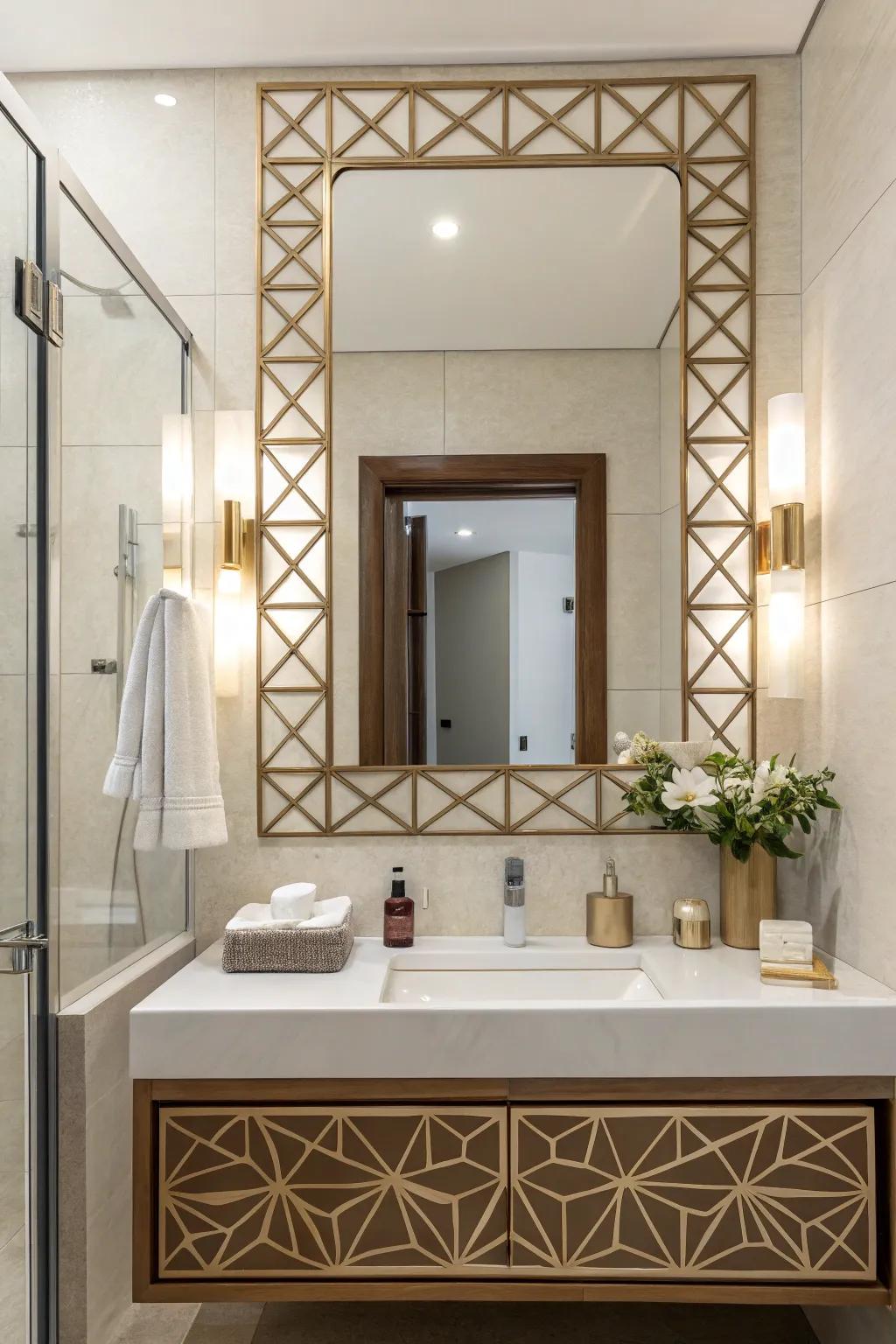 Multi-sided borders append a modern spin to bathroom mirrors.