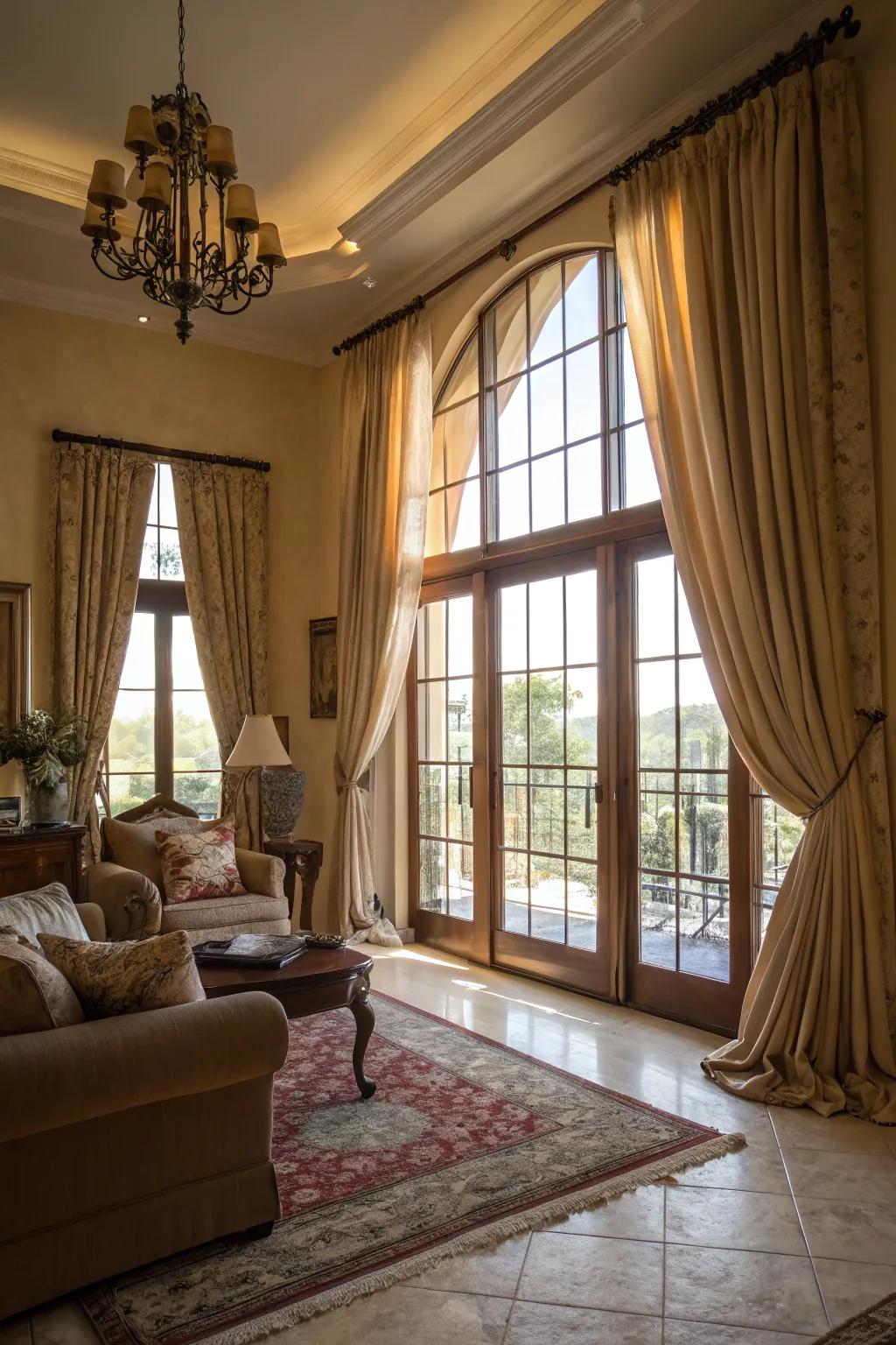 Exquisite draping that elevates the magnificence exhibited through substantial windows.