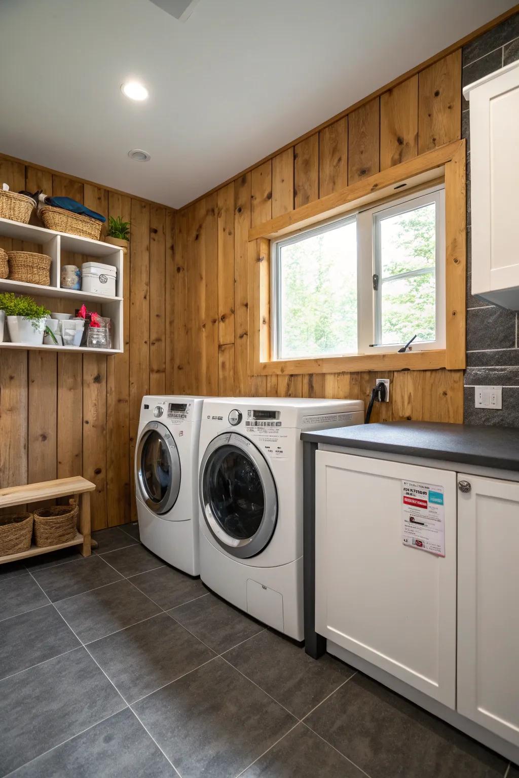 Eco-friendly features within a modern laundry room.
