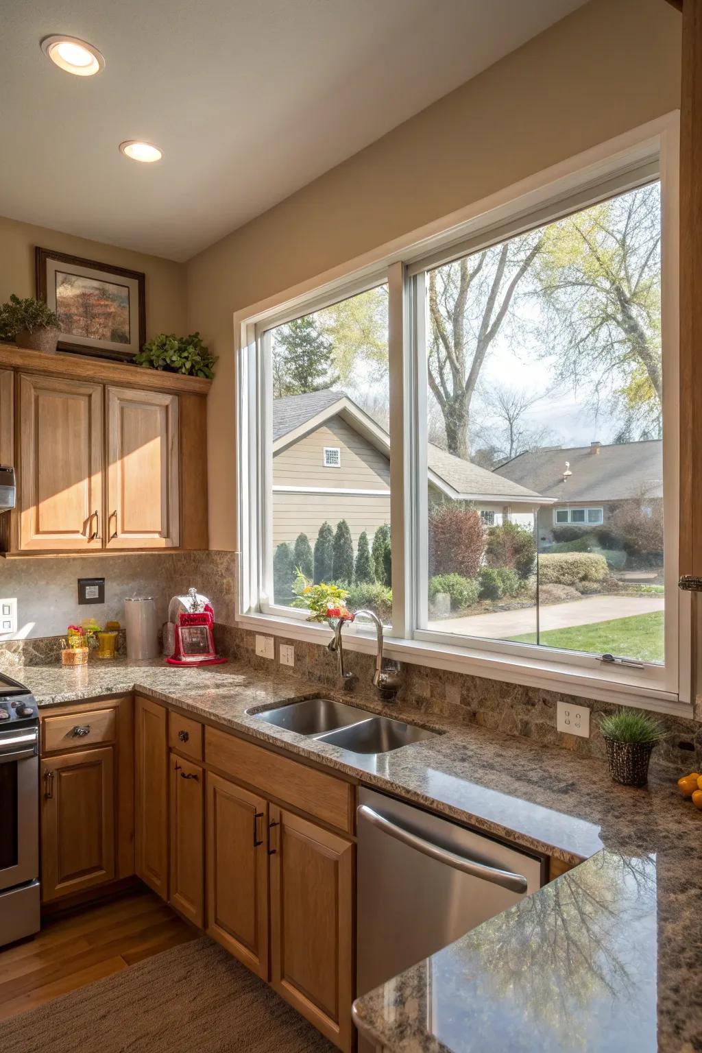 A corner window in the cooking area capturing views from multiple angles.