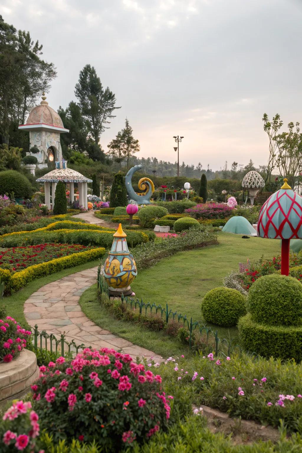 Artistic lawn ornaments adding charm and character to the garden.