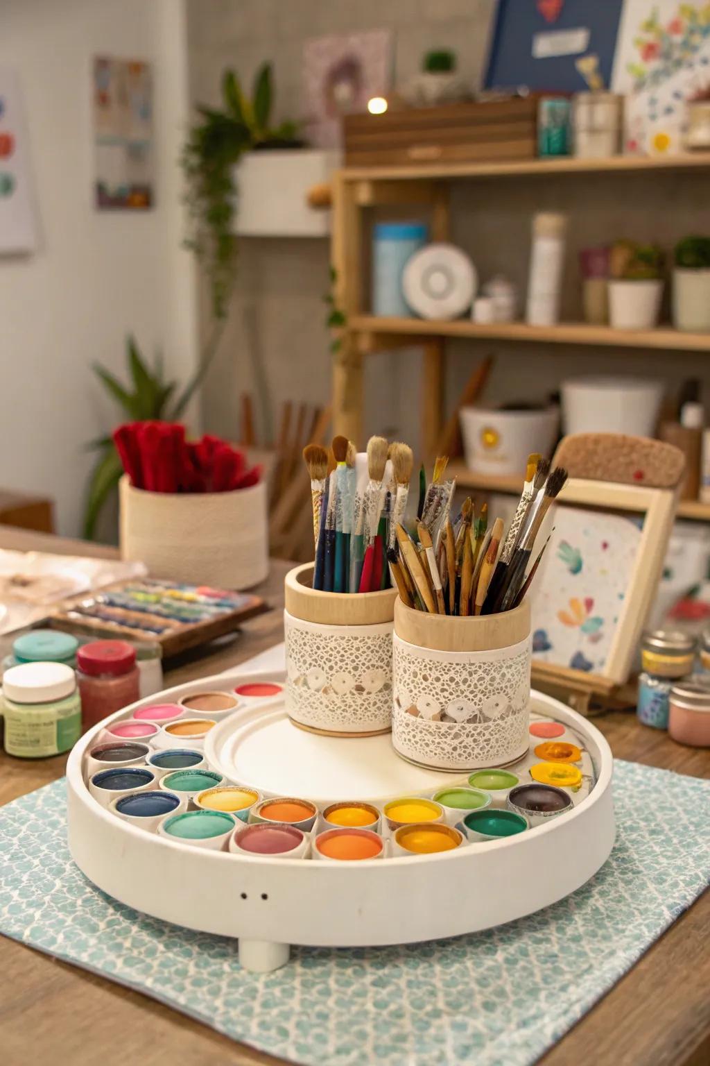 A well-arranged crafting station presenting a rotating organizer.
