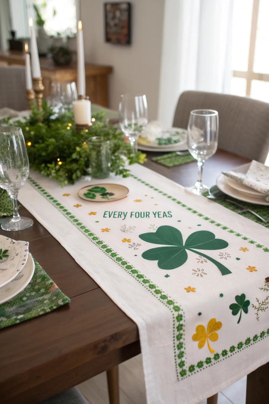 Leap Year-themed table runner ties the celebration together.