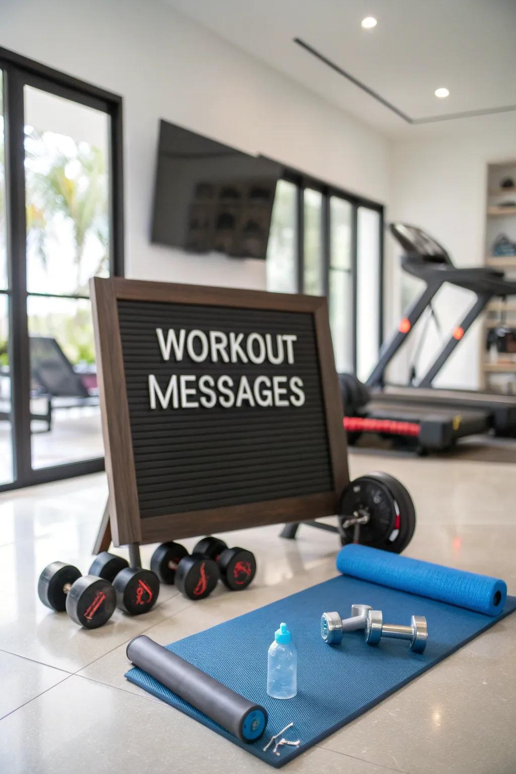 Keeping up with fitness goals with inspiring messages displayed on a letter board.