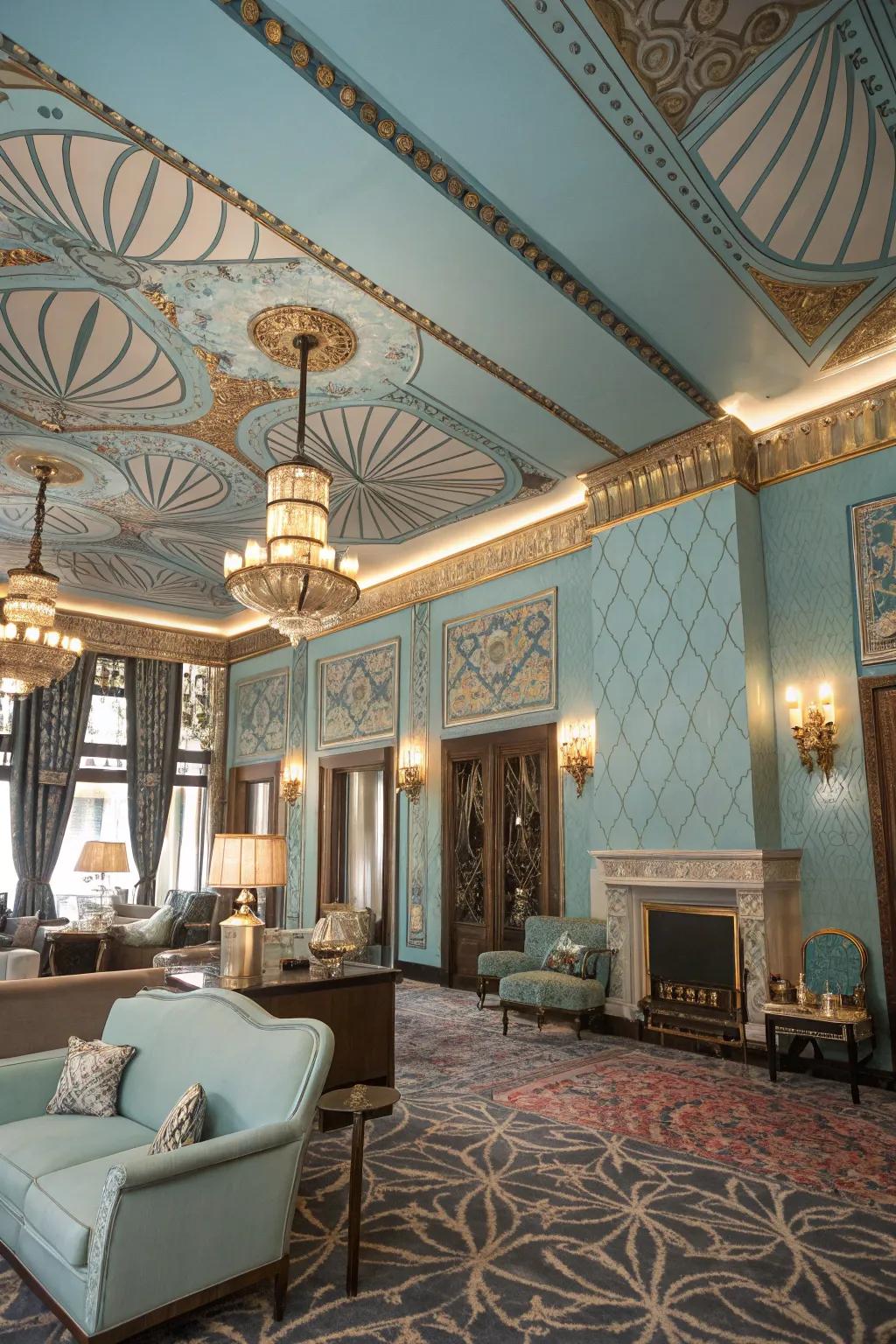 An Art Deco room featuring a striking light blue ceiling.