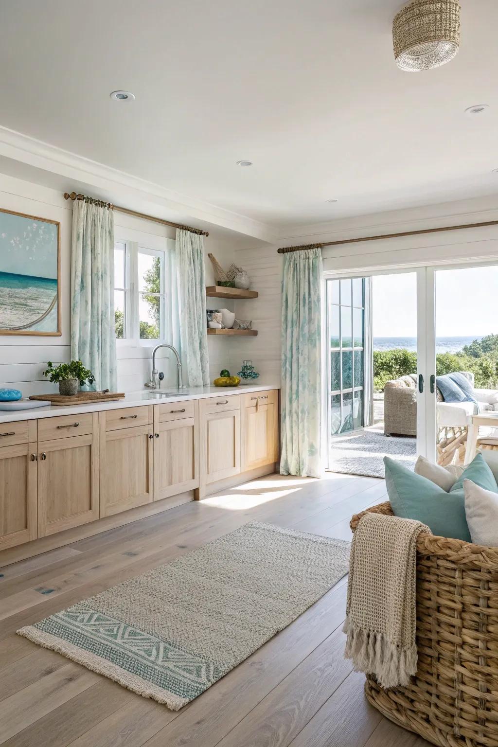 Shoreline laminate flooring enhances the open-plan layout of this kitchen.