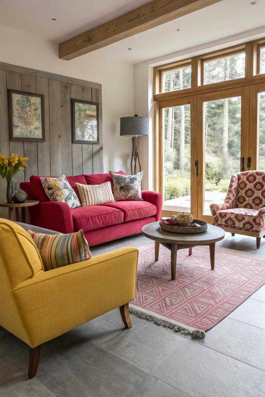 A fashionable living room featuring light grey flooring and striking furniture.