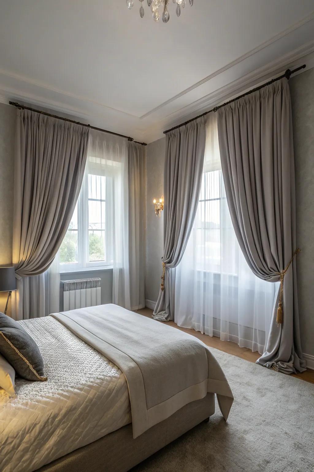 Dramatic drapery enhances light grey walls with elegance.