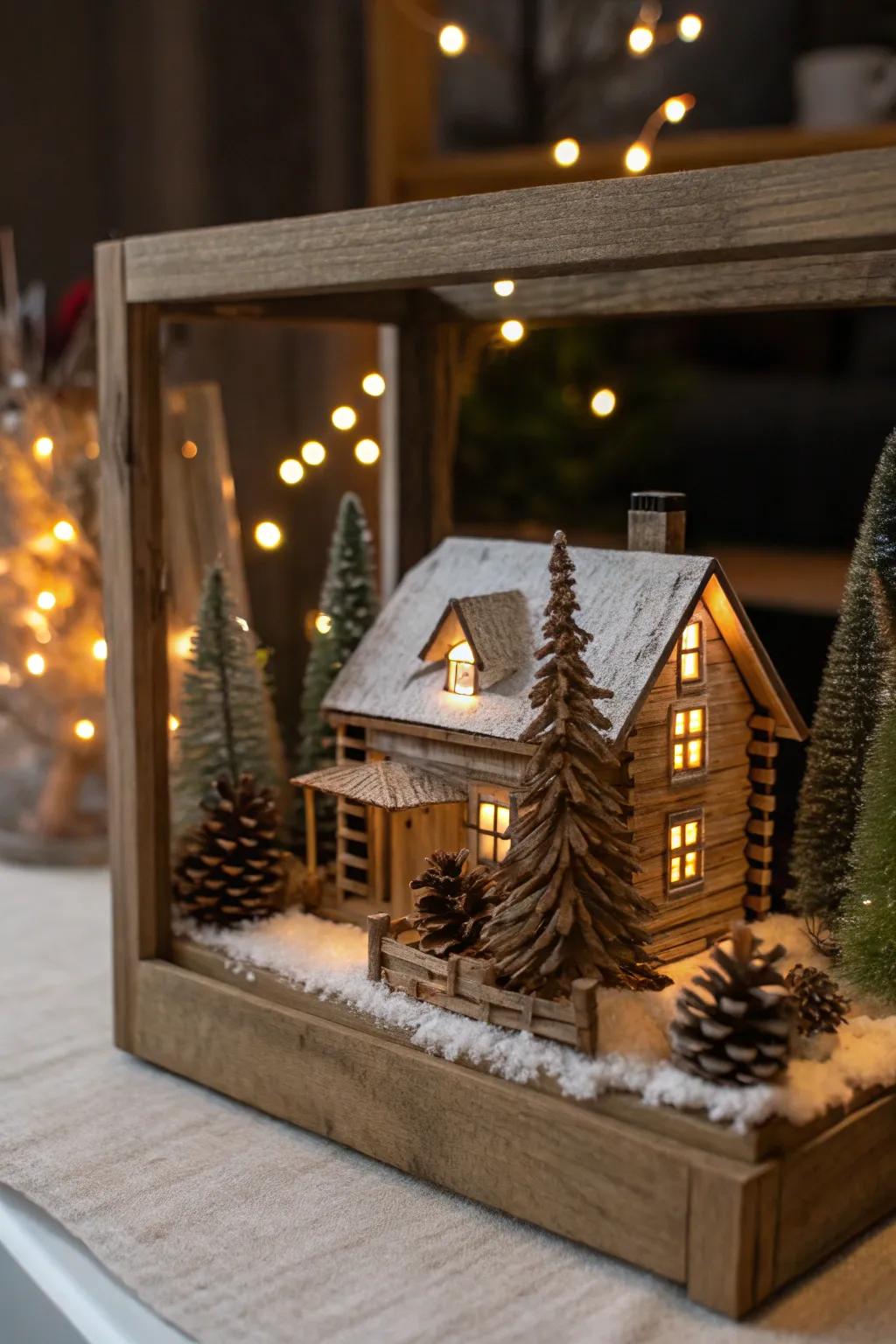 A snug rustic cabin-themed display case