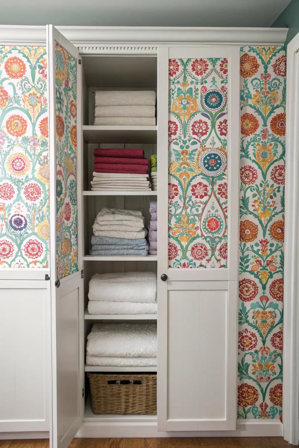 Patterned wall covering rendering linen storage entries a standout characteristic.