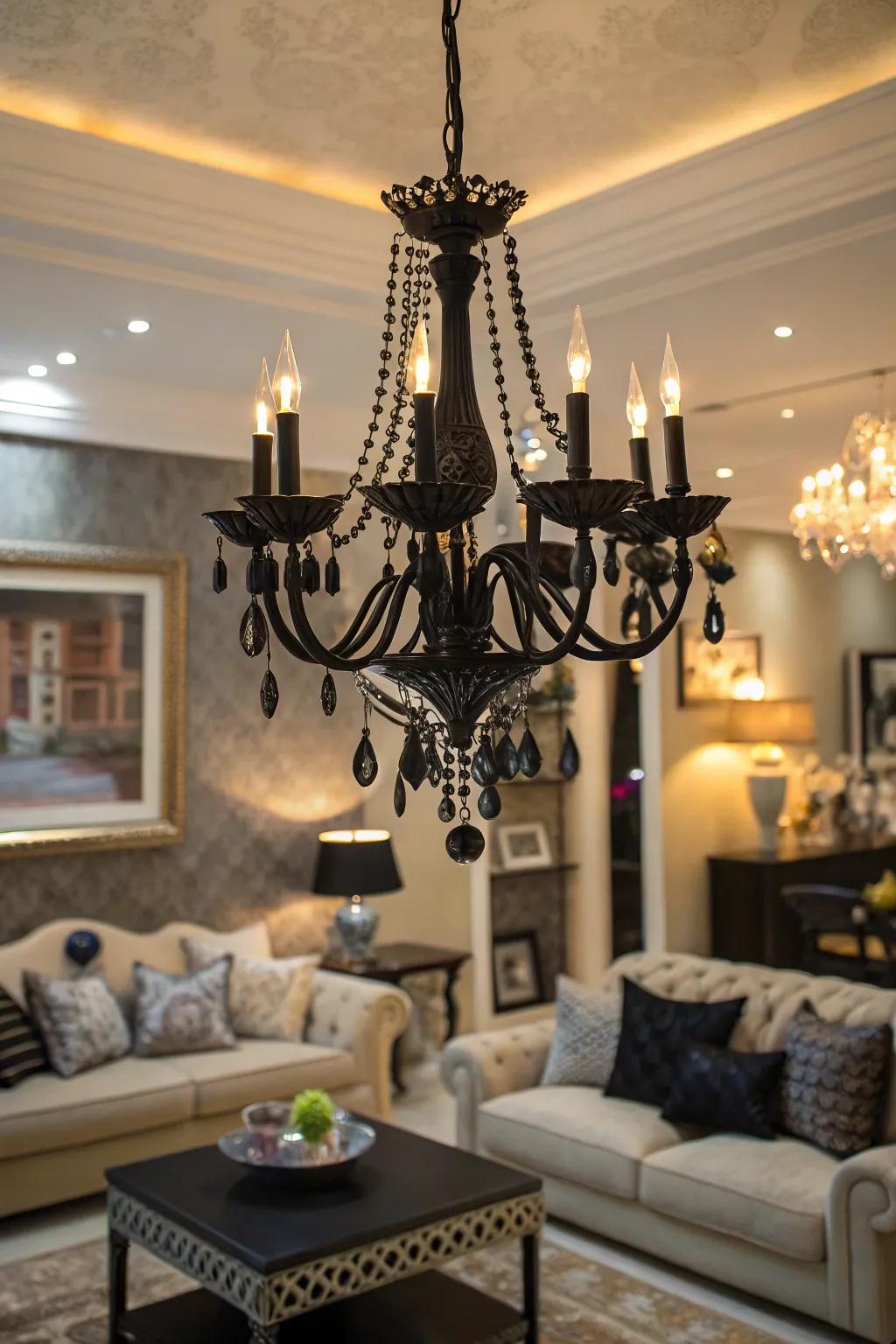 A living room showcasing a shadow chandelier as a dramatic focal point.