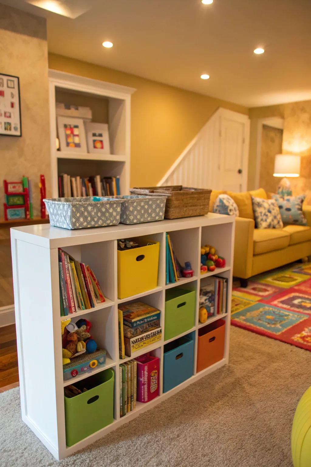 An interactive kids' corner using cube storage for fun and learning.