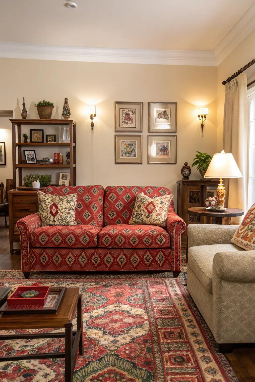 Bright upholstery crafts a striking focal point in the living space.