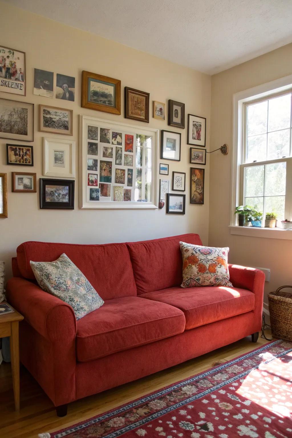Personalizing the space and enhancing the visual appeal of a red sofa, a display wall.