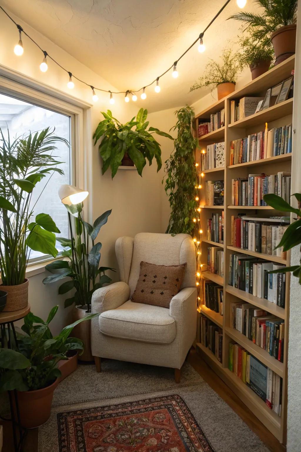 A snug reading alcove encircled by lavish verdure.