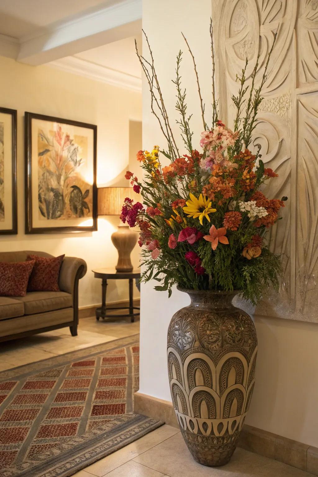 Combine a sizable floor vase with art pieces for a unified living space statement.