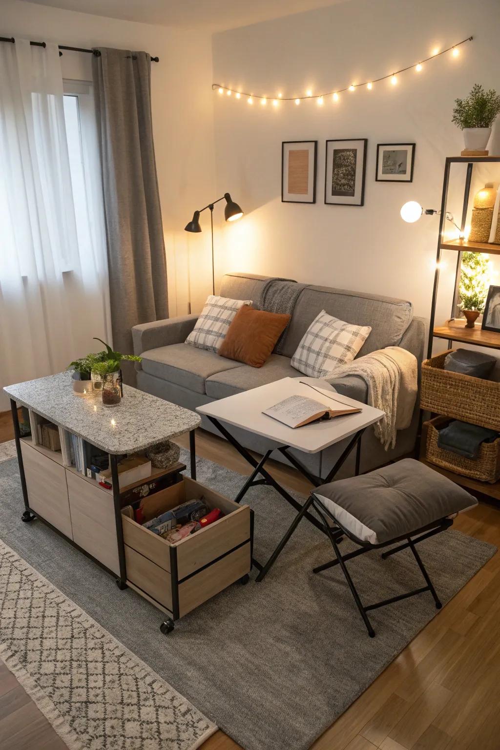 A small lounge featuring multipurpose furniture solutions.