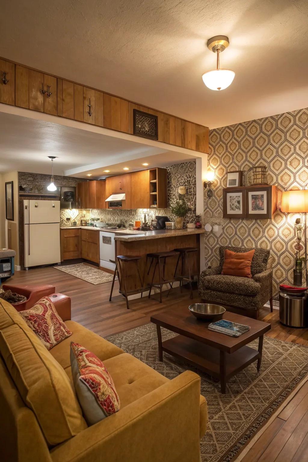 A lowered living area offers a unique, intimate seating option.