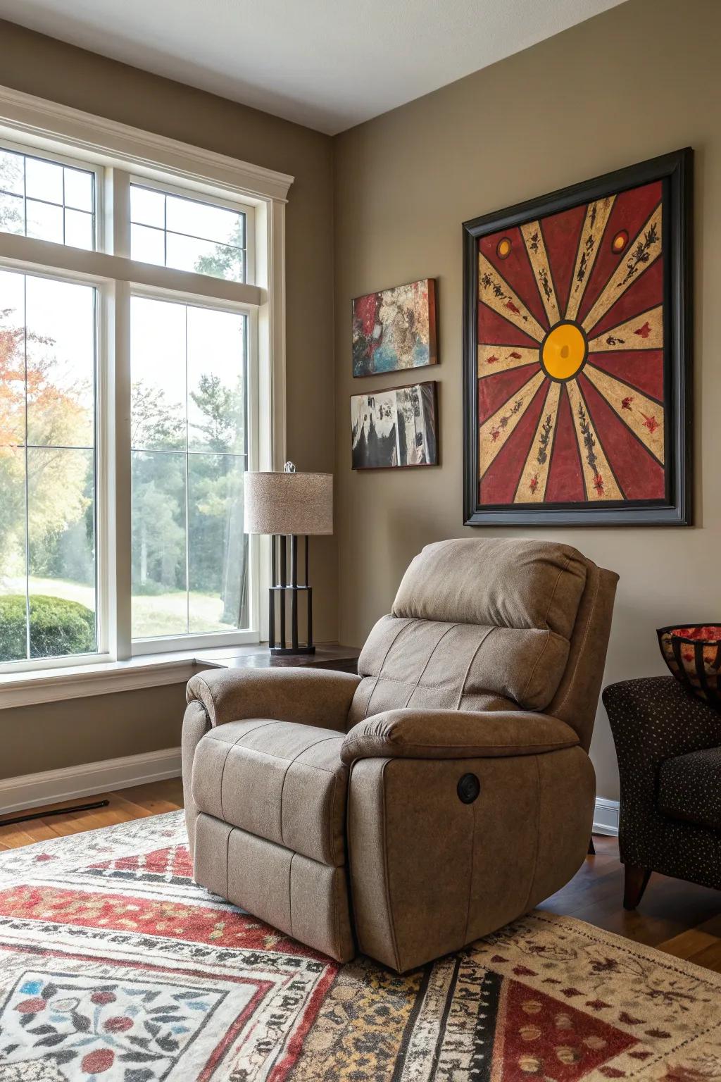 A stylish living space with a statement art piece above the recliner.