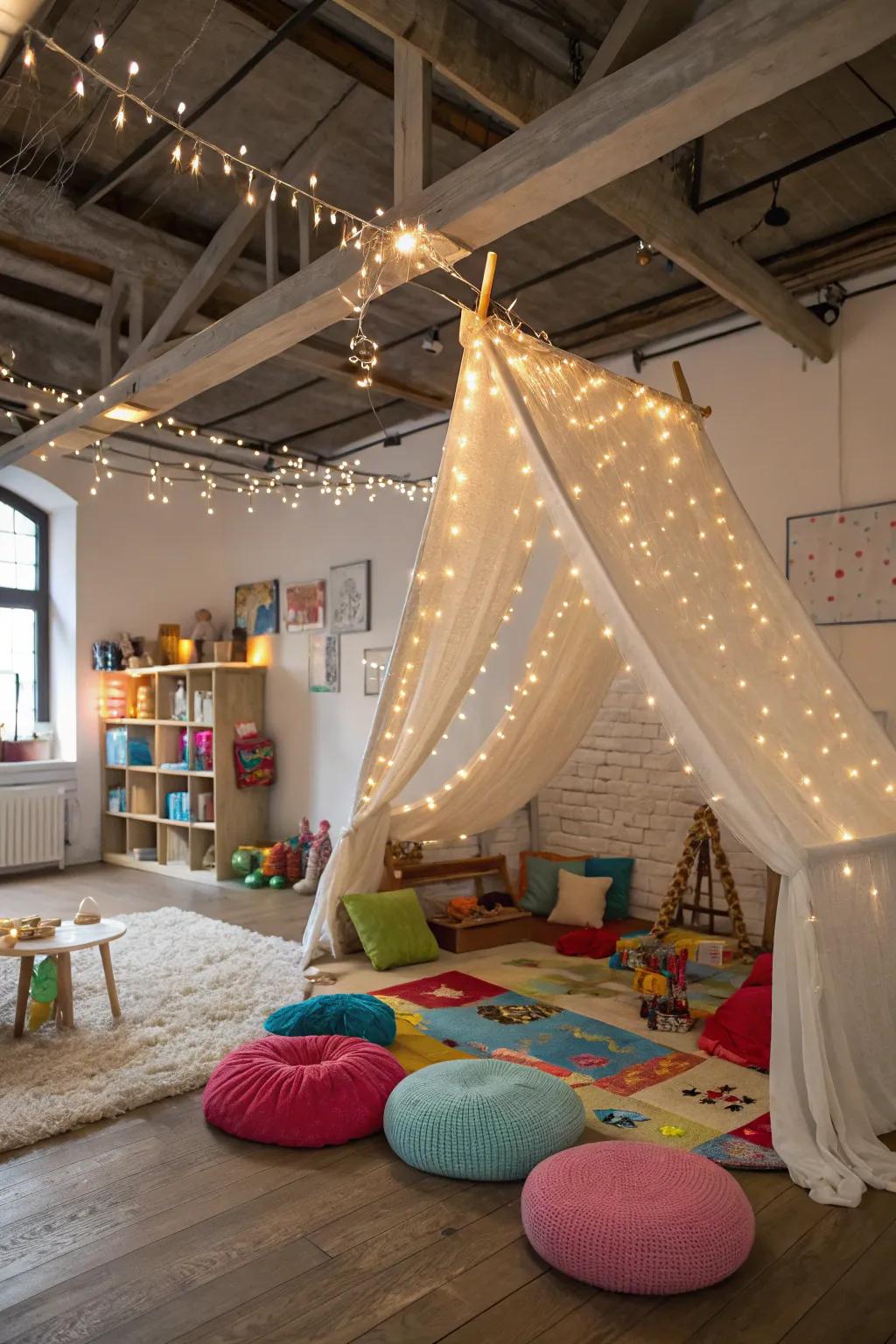 A dangling light feature adds a touch of magic to the playroom.