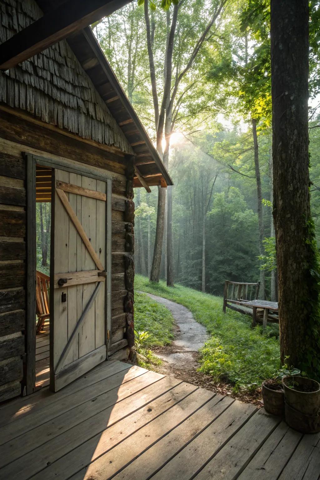 A cabin featuring a countryside sliding barn door.