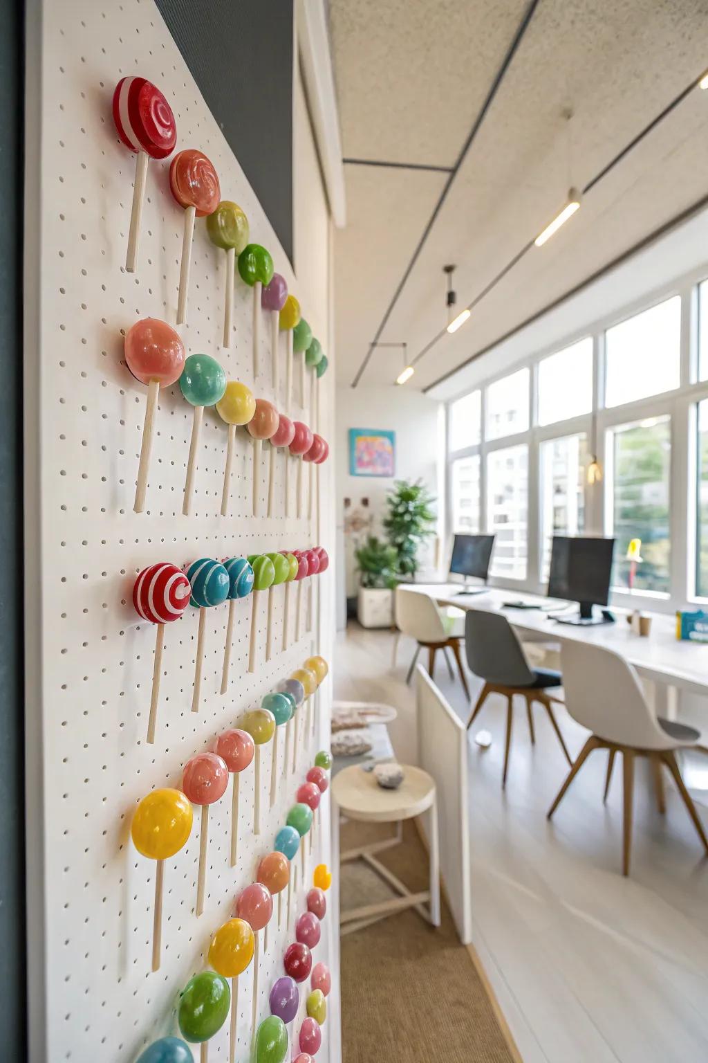 Wall-secured displays turn candies into eye-catching wall art.