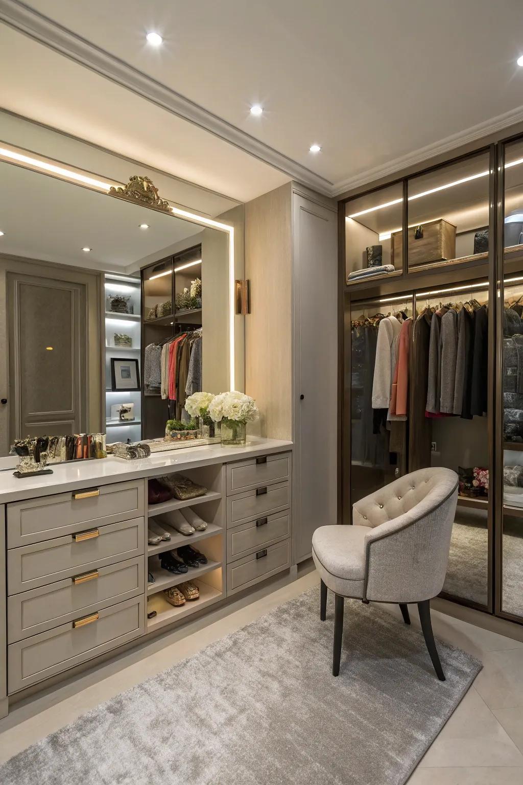 A vanity station brings luxury and function.