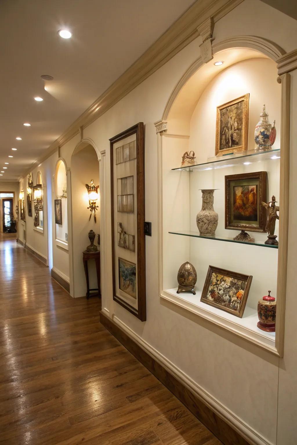 Built in shelving provides perfect spots for showcasing art and collectibles.