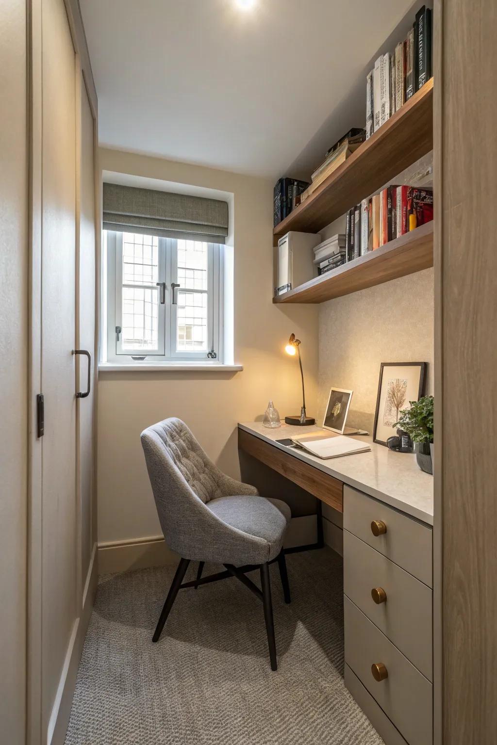 Desks attached to the wall save valuable space.