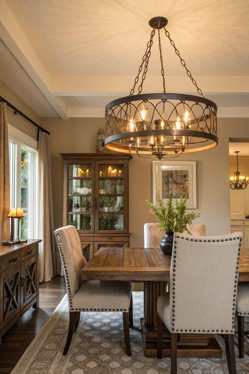 A mix metal fixture gives texture in a dining room.