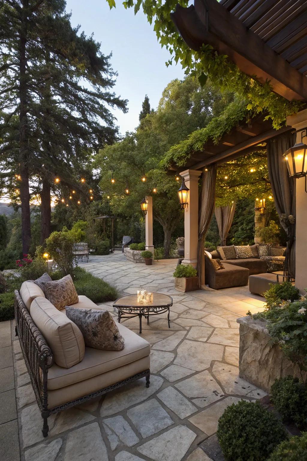 Stone flooring creates a seamless transition to luxurious outdoor spaces.