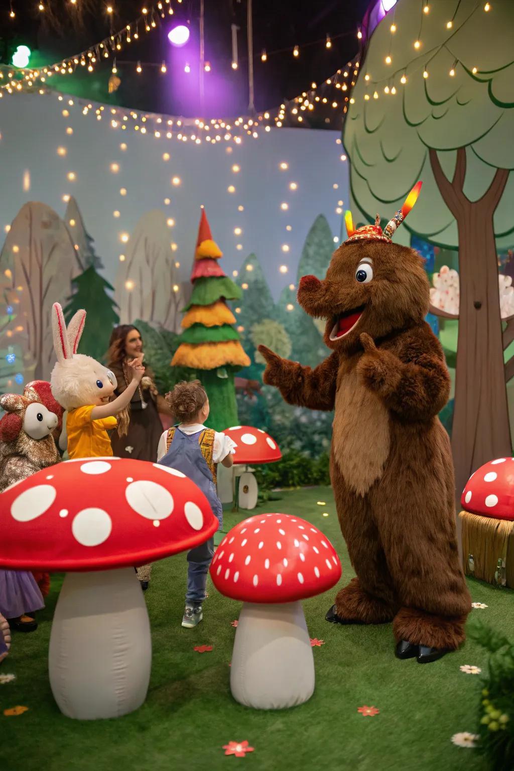 Enchanted creature props like oversized mushrooms add fantasy to the party décor.