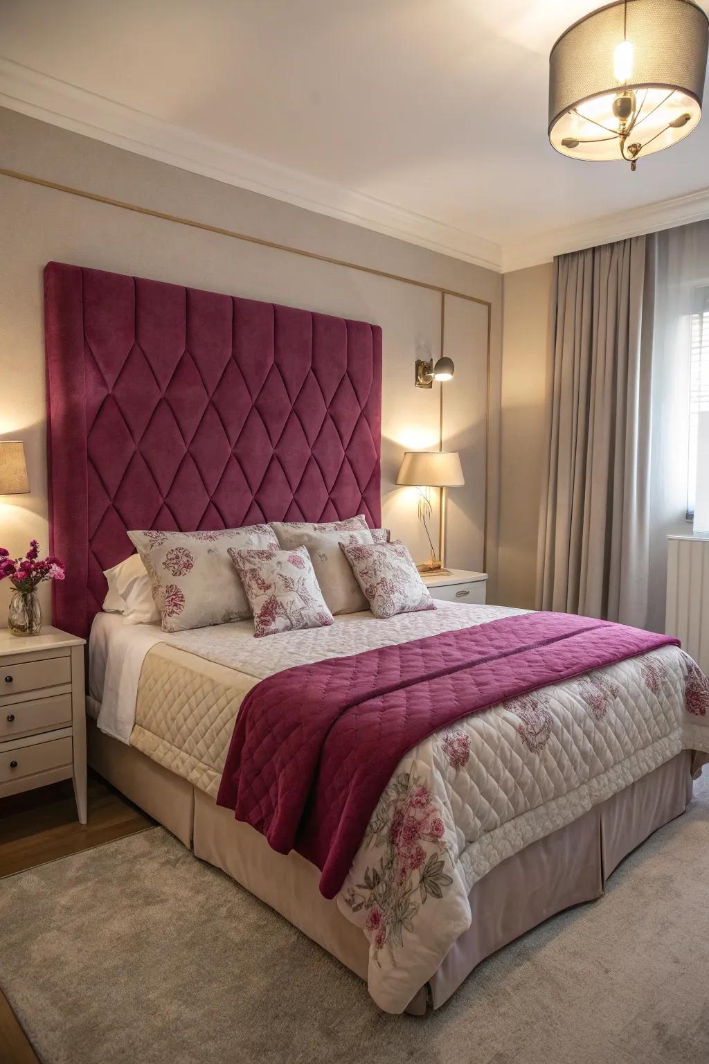 A magenta headboard makes a bold statement in this elegant bedroom.