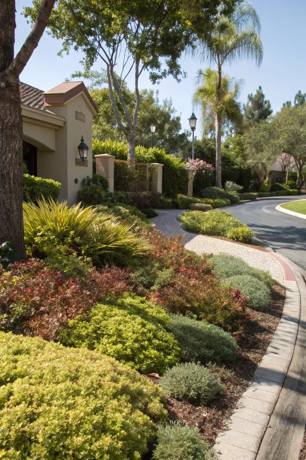 Textured ground covers creating a lush appearance.