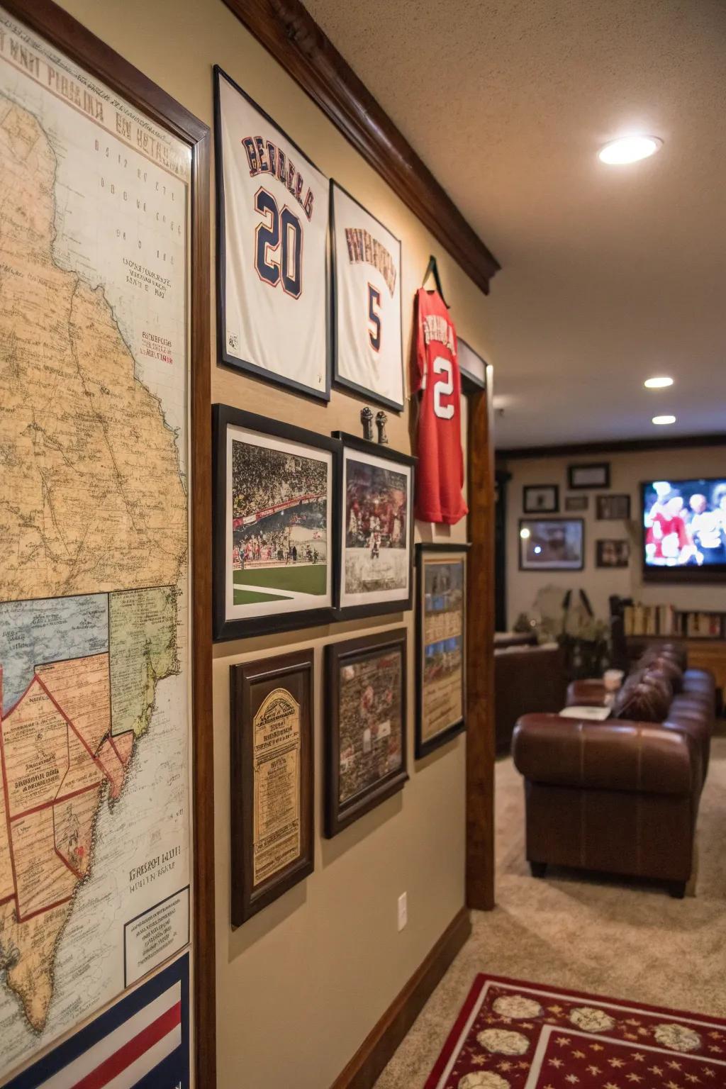 Themed wall decor adds a personal touch to the man cave.