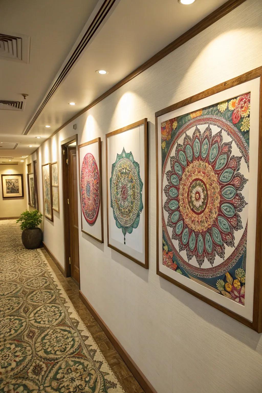 Sacred geometry sewing art adding handcrafted charm to a corridor.