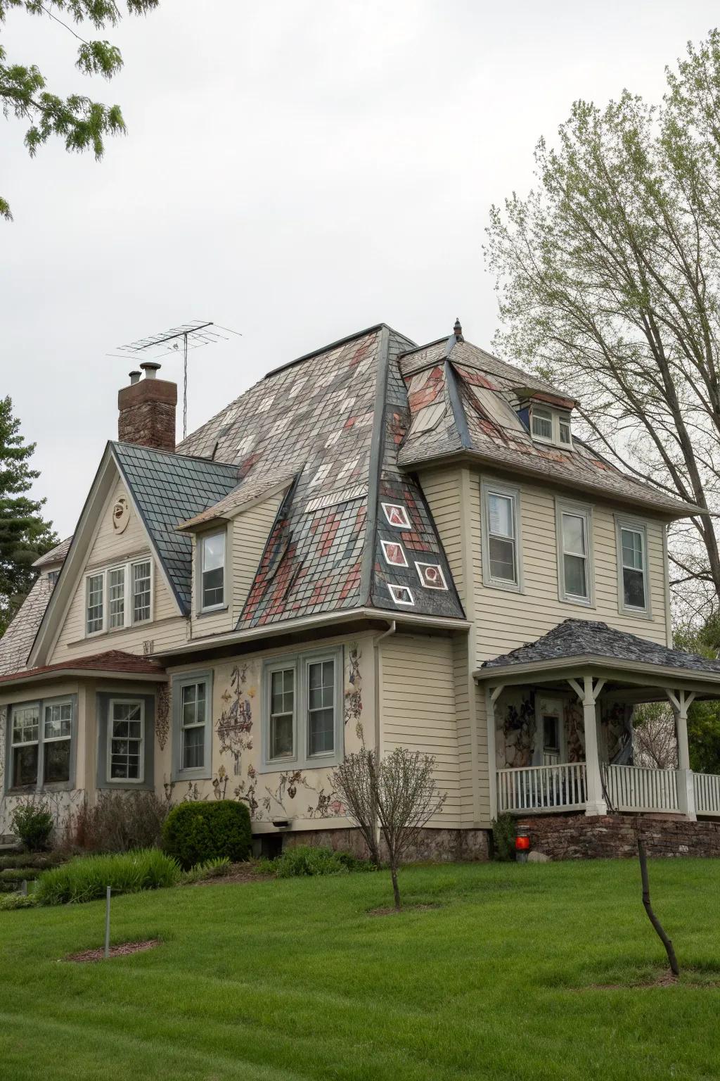 Artistic shingles add a creative touch to this mansard roof.