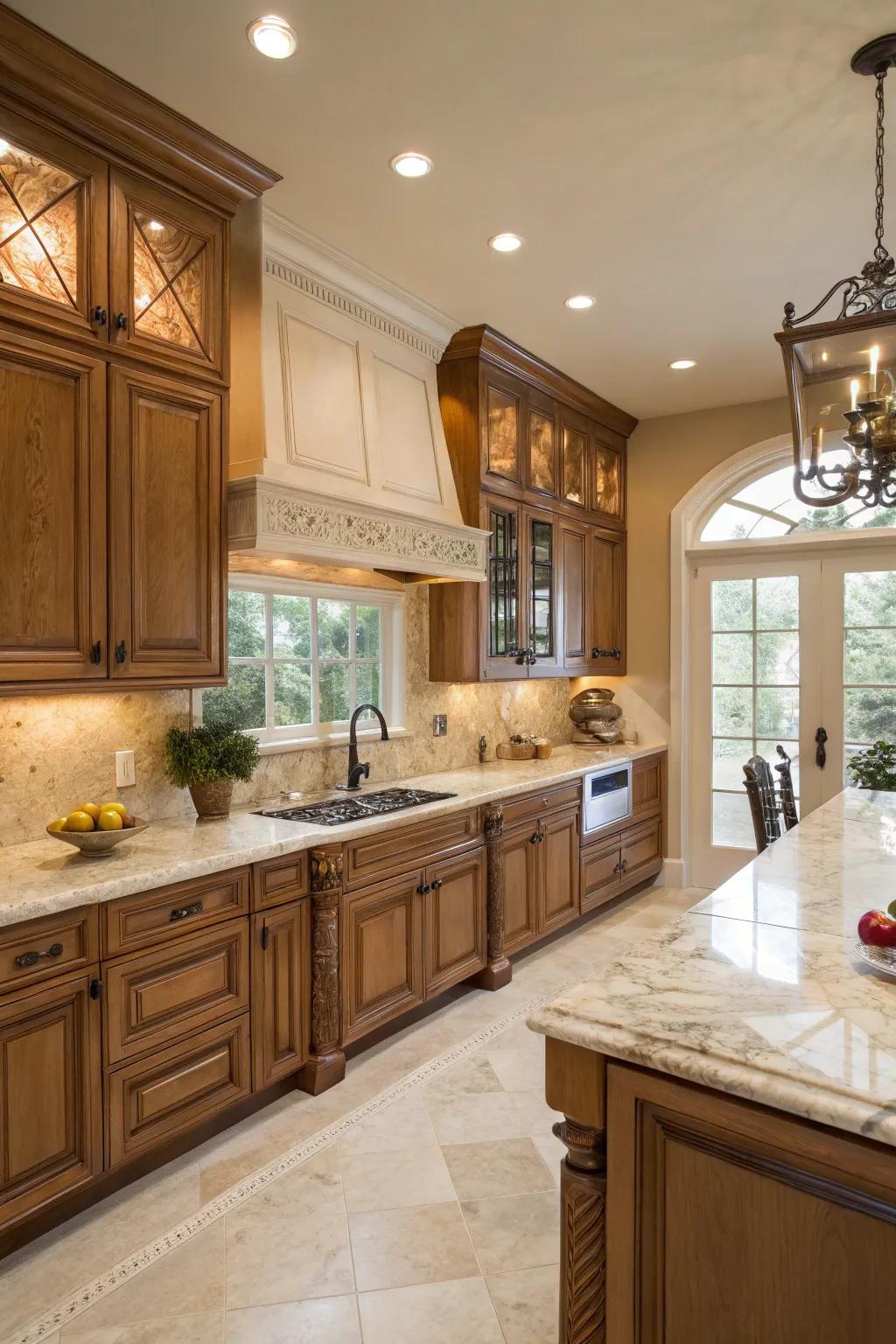 A luxurious cooking space showcasing the elegant blend of maple cabinets and rock.