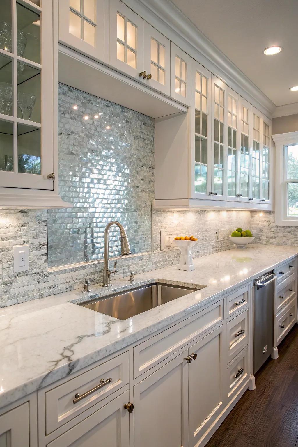 A sophisticated kitchen with a fusion of marble and glass tiles.