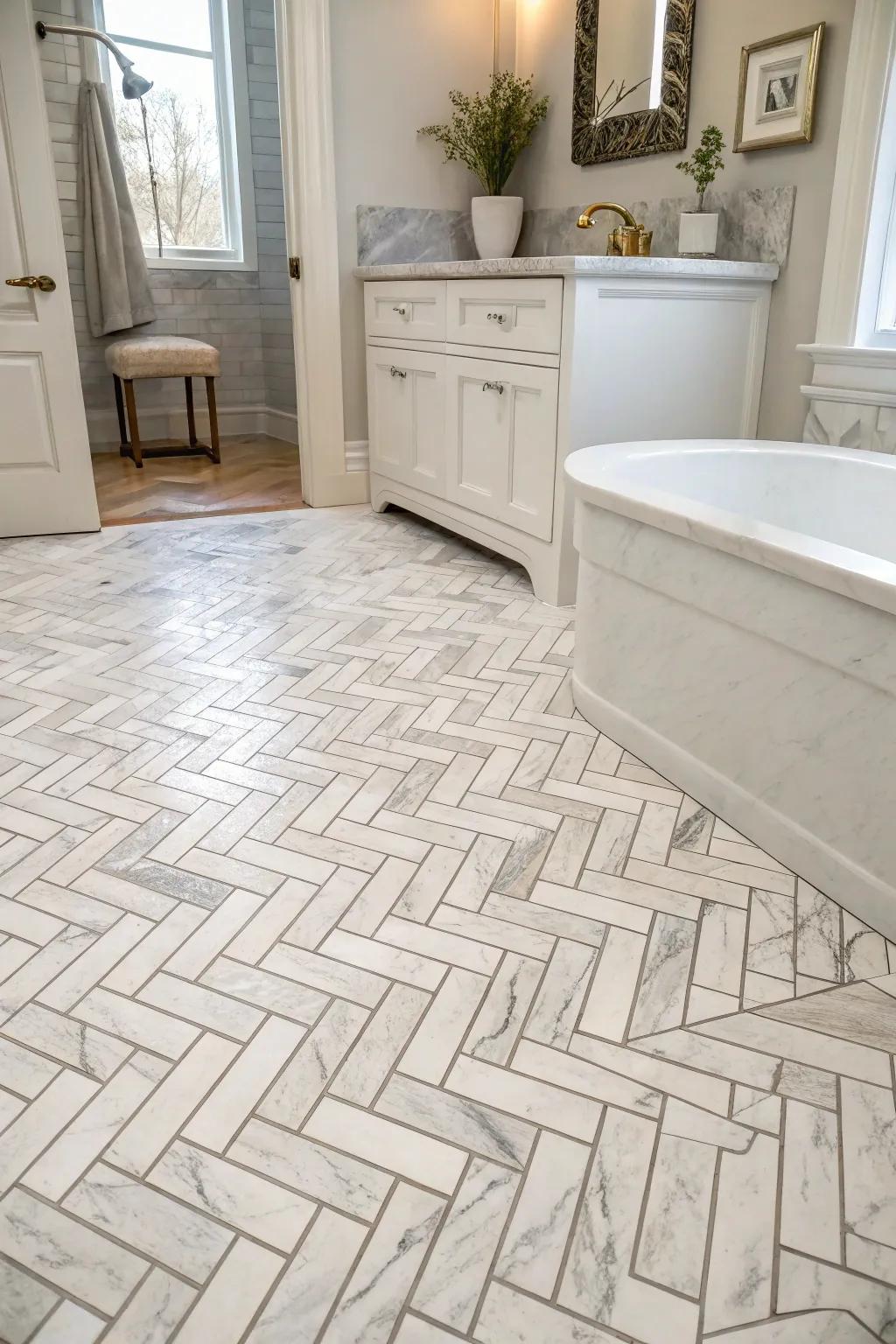 Herringbone stone refined slabs inject rhythm and sophistication.