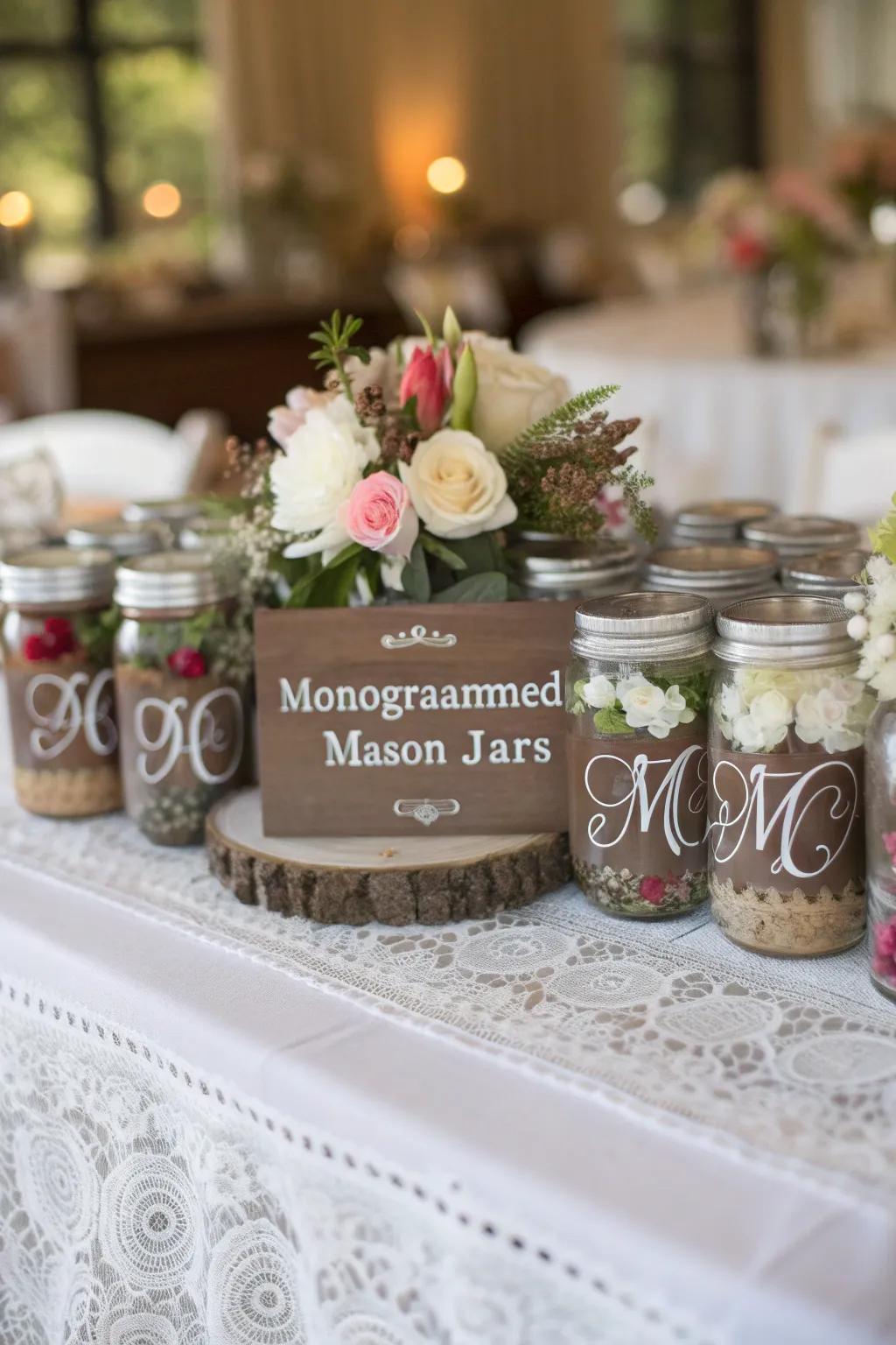 Personalized monogrammed mason jars for special occasions.