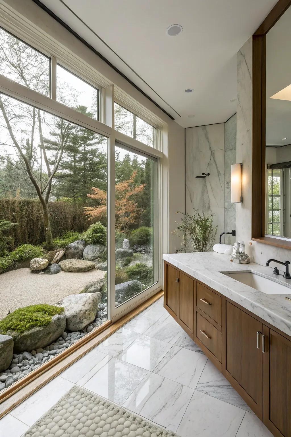 A Zen garden view enhances the tranquility of this master bathroom.