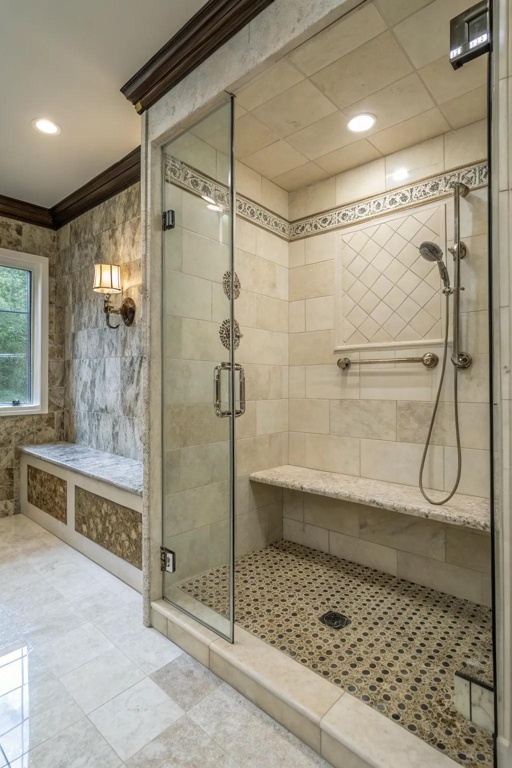 A walk-in shower featuring a comfortable built-in seat.