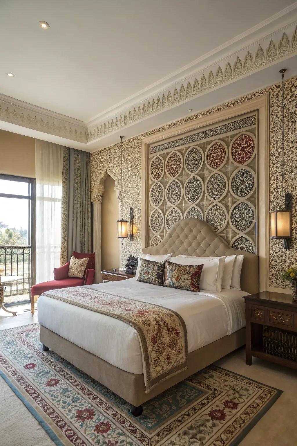 A feature wall adds dimension to the master bedroom.